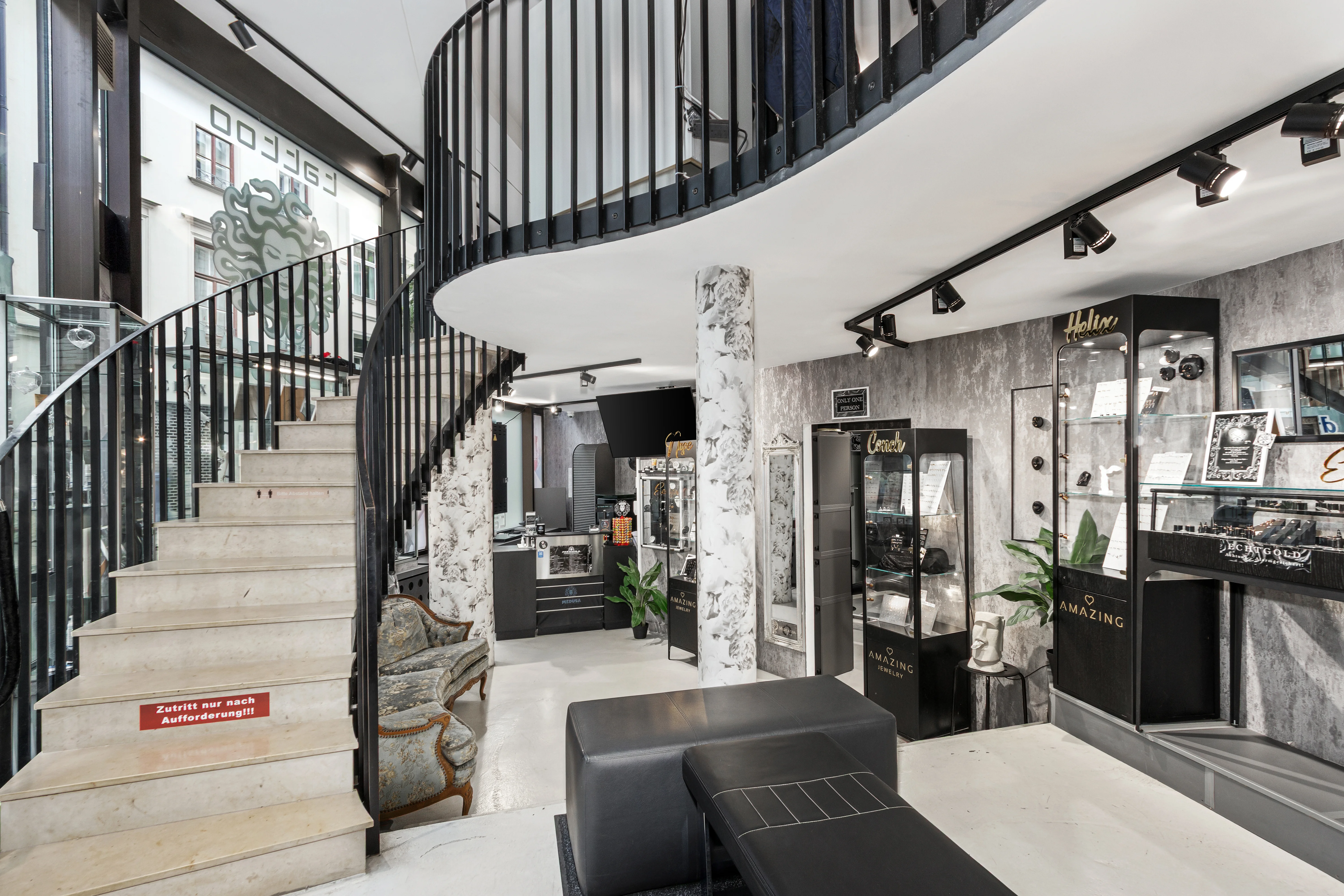 Interior view of the Medusa Tattoo studio in Munich, reception area